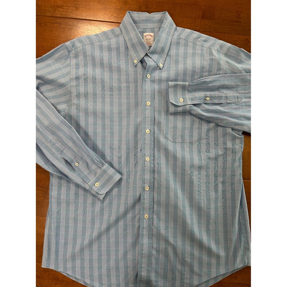 Brooks Brothers Button Down Shirt Mens L Blue Plaid Regular Fit Non-Iron Cotton